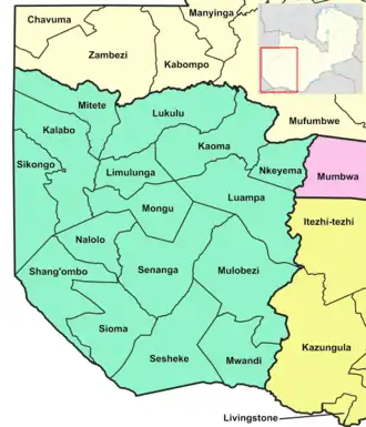 Map of Zambia showing the Western Province