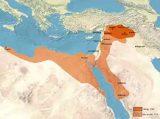 The Zengid state under Imad al-Din in 1145, and expansion under Nur al-Din in 1174 CE.