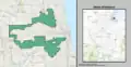 A real-life example of gerrymandering: Illinois's 4th congressional district, drawn by the majority Democratic Party in the Illinois legislature in 2004, in order to bring together areas with large Hispanic populations and which are majority Democrat.