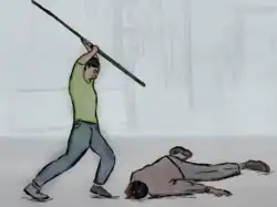 Illustration of a member of the paramilitary group Los Halcones beating with a bamboo stick a demonstrator fallen on the ground, in the repression of June 10, 1971 in Mexico City