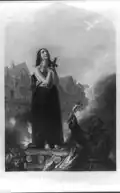 Joan of Arc, after rendering the most signal services to her Prince and people, is suffered to die a martyr in their cause".  C.W Wass {another version is 1849 engraving of the third panel from "The Penny Illustrated News" December 1, 1849 Vol 1, Issue 6 .p.&nbsp;45".