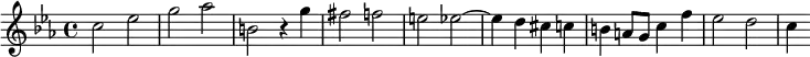 
    \relative c'' 
    {
        \key c \minor
        \clef treble 
        \time 4/4
        c2 es | g as | b, r4 g' | fis2 f | e es~ | es4 d cis c | b a8 g c4 f | es2 d | c4
    }
