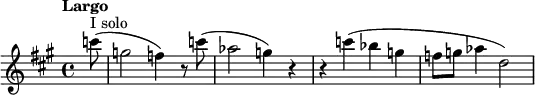 
\new staff
\relative c''' {
\set Staff.midiInstrument = #"oboe"
\key fis \minor
\time 4/4
\tempo "Largo" \tempo 4 = 50
\partial 8(^ "I solo") c8 (g2 f4) r8 c' (as2 g4) r r c (bes g f8 g as4 d,2)  
}

