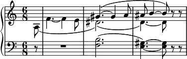 
\new PianoStaff {
    \time 6/8
    <<
    \context Staff = "up" {
      \clef treble
        \set Staff.midiInstrument = #"acoustic grand"
        #(set-accidental-style 'modern)
        \partial 8
        \relative c''{
          <<  { s8
          s2.
          \override Slur #'attachment = #'(stem . stem)
          gis4.~( gis4 a8 ais b4~ b8) }
          \\
          { a,8(
          f'4.~ f4 e8
          dis2.)( d4.)~ d8 } >>
            r8 r
        }
    }
    \context Staff = "down" {
      \clef bass
        \set Staff.midiInstrument = #"acoustic grand"
        \partial 8
        \relative c{
          r8
          R2.
          <f b>2.(
          <e gis>4.)~ <e gis>8 r r
        }
    }
    >>
  }
