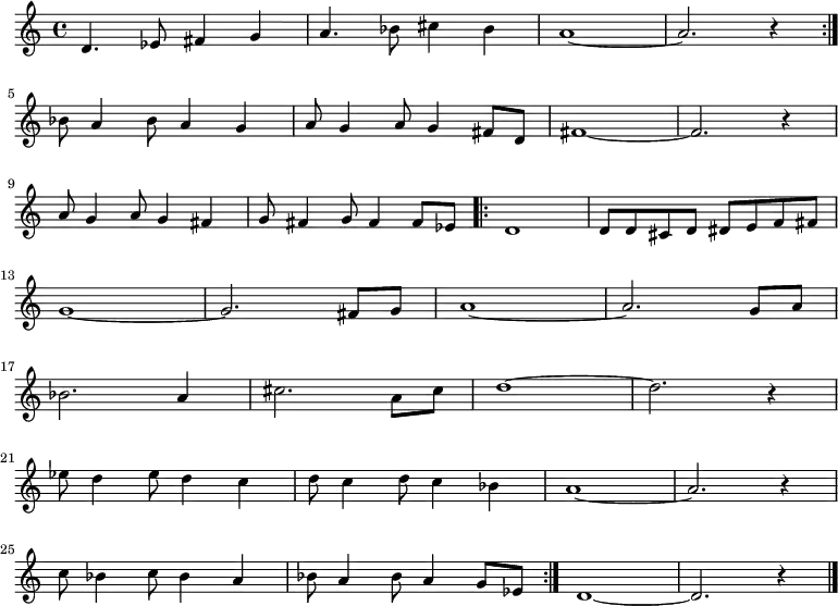 
\new Staff {
  \relative c'' {
    \key c \major
    \time 4/4
    \repeat volta 2 {
      d,4. ees8 fis4 g
      a4. bes8 cis4 bes
      a1 ~
      a2. r4
    } \break
    bes8 a4 bes8 a4 g
    a8 g4 a8 g4 fis8 d
    fis1 ~
    fis2. r4 \break
    a8 g4 a8 g4 fis
    g8 fis4 g8 fis4 fis8 ees
    \repeat volta 2 {
      d1
      d8 d cis d dis e f fis \break
      g1 ~
      g2. fis8 g
      a1 ~
      a2. g8 a \break
      bes2. a4
      cis2. a8 cis
      d1 ~
      d2. r4 \break
      ees8 d4 ees8 d4 c
      d8 c4 d8 c4 bes
      a1 ~
      a2. r4 \break
      c8 bes4 c8 bes4 a
      bes8 a4 bes8 a4 g8 ees
    }
    d1 ~
    d2. r4 \bar "|."
} }

\midi {
  \context {
    \Score
    tempoWholesPerMinute = #(ly:make-moment 220 4)
  }
}
