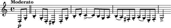  \relative c { \clef treble \time 4/4 \set Staff.midiInstrument = #"clarinet"  \tempo "Moderato" \partial 4*1 d8-.\p g-. \bar "||" b4-. g8-. d-. cis4-. d8-. g-. | b-. d-. c4->~ c8 b g a | b( a) fis-. g-. a( g) e-. fis-. | g2-> } 