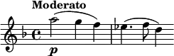 
\new staff
\relative c''' {
\set Staff.midiInstrument = #"violin"
\key d \minor
\time 4/4
\tempo "Moderato" \tempo 8 = 76
a2(_\p) (g4 f) es4. (f8 d4)
}
