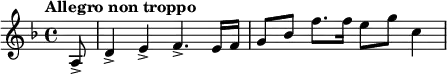 
\new staff
\relative c' {
\set Staff.midiInstrument = #"trumpet"
\clef treble
\key d \minor
\time 4/4
\tempo "Allegro non troppo" \tempo 4 = 110
\partial 8 a8-> d4-> e-> f4.-> e16 f g8 bes f'8. 16 e8 g c,4
}
