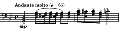  \relative c { \clef bass \time 4/4 \set Staff.midiInstrument = #"french horn" \tempo "Andante molto" 4=66 \key bes \major <d bes g>2->\mp <bes' g d>16( <a fis ees> <bes g d> <a fis ees> <bes g d>8) <bes g d> | <d bes g>-- <cis a ees>-- <d bes g>-- <bes g d>-- <c f, c>2-> |} 