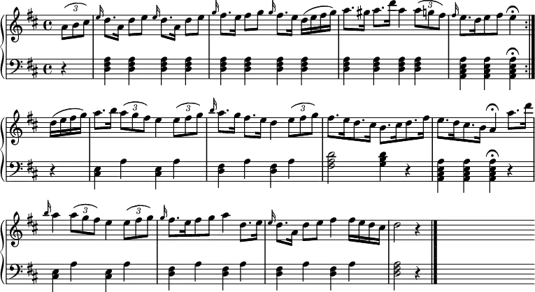 
{
 \new PianoStaff <<
  \new Staff \relative c'' { \clef "treble" \key d \major \time 4/4 \override TupletBracket #'direction = #1 \override Score.BarNumber #'break-visibility = #'#(#f #f #f)
   \repeat volta 2 { \partial 4 \times 2/3 { a8( b cis) } | \grace e16 d8.[ a16] d8[ e] \grace e16 d8.[ a16] d8[ e] | \grace g16 fis8.[ e16] fis8[ g] \grace g16 fis8.[ e16] d16[( e fis g)] \noBreak | a8.[ gis16] a8.[ d16] a4 \times 2/3 { a8( g fis) } | \grace fis16 e8.[ d16 e8 fis] e4\fermata | } \break
   d16( e fis g) | a8.[ b16] \times 2/3 { a8( g fis) } e4 \times 2/3 { e8( fis g) } | \grace b16 a8.[ g16] fis8.[ e16] d4 \times 2/3 { e8( fis g) } | fis8.[ e16 d8. cis16] b8.[ cis16 d8. fis16] | e8.[ d16 cis8. b16] a4\fermata a'8.[ d16] \break
   \grace b16 a4 \times 2/3 { a8( g fis) } e4 \times 2/3 { e8( fis g) } | \grace g16 fis8.[ e16 fis8 g] a4 d,8.[ e16] | \grace e16 d8.[ a16] d8[ e] fis4 fis16[ e d cis] | d2 r4 \bar "|." s4 \bar "" s1 \bar ""
  }
  \new Staff { \clef "bass" \key d \major
   \repeat volta 2 { \partial 4 r4 | <d fis a> q q q | q q q q | q q q q | <a, cis e a> q q\fermata | }
   r4 | <cis e> a <cis e> a | <d fis> a <d fis> a | <fis a d'>2 <g b d'>4 r | <a, cis e a> q q\fermata r |
   <cis e> a <cis e> a | <d fis> a <d fis> a | <d fis> a <d fis> a | <d fis a>2 r4 | s4 \bar "" s1 \bar ""
  }
 >>
}
