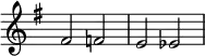  {

\override Score.TimeSignature
#'stencil = ##f
    \relative c' {
        \time 4/4
        \key g \major
        fis2 f e es
    }  }
