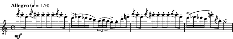  \relative c''''  { \clef treble \time 4/4 \set Staff.midiInstrument = #"flute"  \tempo "Allegro" 4=176 \slashedGrace a8\mf( g8-.)[ e-.] \slashedGrace a( gis-.)[ gis-.] gis-.[ gis-.] \slashedGrace a( gis-.)[ e-.] | d16->( ees des c b8) \times 2/3 {a16( b a } g8->) g-. c-. e-. | \slashedGrace a8( g8-.)[ e-.] \slashedGrace a( gis-.)[ gis-.] gis-.[ gis-.] \slashedGrace a( gis-.)[ e-.] | d16->( ees des c g'!8-.) \slashedGrace b,( a-.) g2-> } 